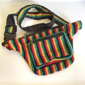 Rasta Striped Woven Fanny Pack Reggae Travel Waist Bag Zipper Adjustable Unisex